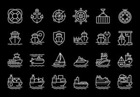 Maritime transport pixel perfect black and white line icons set. Transporting goods via sea routes. Shipping by watercraft. Outline iconset. Isolated monochrome illustrations. Editable stroke vector