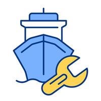 Ship vessel repair line color icon. Checking condition and maintaining damage of watercraft. Marine industry service. Isolated illustration. Flat colorful symbol design. Editable stroke vector