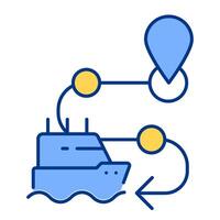 Passage planning line color icon. Ship route to destination point. Development of safe way in sea. Navigation service. Isolated illustration. Flat colorful symbol design. Editable stroke vector