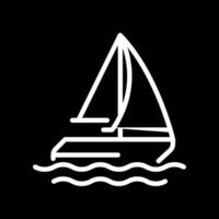 Sailing ship pixel perfect white line icon in negative space. Yacht on sea journey. Travelling by water with sailboat. Maritime. Monochrome linear symbol on black background. Editable stroke vector