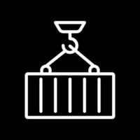 Container loading pixel perfect white line icon in negative space. Crain transports heavy cargo. Lifting equipment of marine port. Monochrome linear symbol on black background. Editable stroke vector