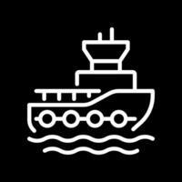 Tugboat pixel perfect white line icon in negative space. Marine vessel designed to maneuver ships. Maritime transport. Harbor tug. Monochrome linear symbol on black background. Editable stroke vector