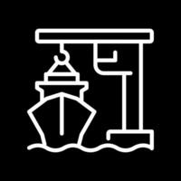 Port crane pixel perfect white line icon in negative space. Lifting machine loading cargo onto ship. Freight transportation in dock. Monochrome linear symbol on black background. Editable stroke vector