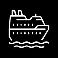 Cruise ship pixel perfect white line icon in negative space. Ocean liner sailing. Sea travel by comfortable vessel. Maritime. Monochrome linear symbol on black background. Editable stroke vector