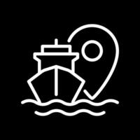 Ship location pixel perfect white line icon in negative space. Tracking vessel route in sea. Maritime transport industry. Navigation. Monochrome linear symbol on black background. Editable stroke vector