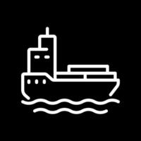 Barge pixel perfect white line icon in negative space. Water transport in shallow water. Cargo ship carrying freights. Maritime. Monochrome linear symbol on black background. Editable stroke vector