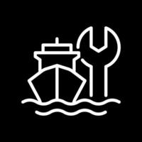 Ship maintenance pixel perfect white line icon in negative space. Marine transport technical support. Vessel repair service. Monochrome linear symbol on black background. Editable stroke vector