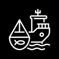 Fishing vessel pixel perfect white line icon in negative space. Ship designed to catch fish and aquatic animals. Maritime transport. Monochrome linear symbol on black background. Editable stroke vector