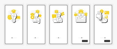 5P of employee fulfillment mobile onboarding screen. Business perks, benefits. UX UI illustration. Flat outline style icons with yellow accent vector