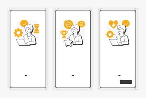 Job satisfaction benefits mobile onboarding screen. Employee motivation. UX UI illustration. Flat outline style icons with orange accent vector