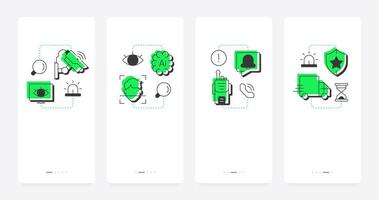 Physical security ecosystem mobile app onboarding screens. Protection of digital network. Antimalware. Flat UI UX design, green highlight with outline icons conceptual vector