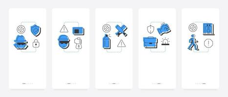 Physical security threats and risks mobile app onboarding screens. Digital data protection. Antimalware tools. Flat UI UX design, blue highlight with outline icons conceptual vector