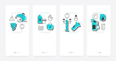 Physical security audit components mobile app onboarding screens. Monitoring potential threats. Users safety. Flat UI UX design, blue highlight with outline icons conceptual vector