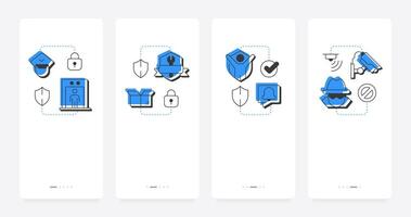 Benefits of physical security mobile app onboarding screens. Data protection online methods. Hardware pros. Flat UI UX design, blue highlight with outline icons conceptual vector