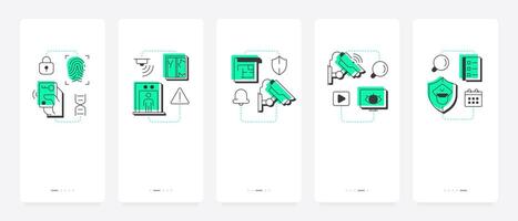 Components of physical security systems mobile app onboarding screens. Equipment providing safety improvement. Flat UI UX design, green highlight with outline icons conceptual vector