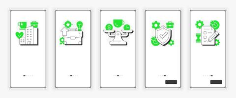 Job satisfaction key drivers mobile onboarding screen. Workload management. UX UI illustration. Flat outline style icons with green accent vector