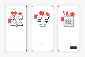 Job attitude components mobile onboarding screen. Employee psychology, tracking. UX UI illustration. Flat outline style icons with red accent vector