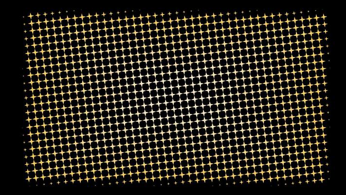 Abstract halftone background with glowing yellow and orange dots on a dark black canvas. for digital art, futuristic interfaces, energetic design projects requiring a luminous and pixelated texture