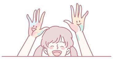 A Joyful Child With Colorfully Painted Hands Expressing Genuine Happiness and Cheerfulness vector