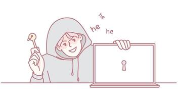 An illustration showcasing a mischievous hacker equipped with a key and a laptop vector