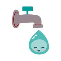 Illustration of faucets and cute kawaii water drop on a white background. Hand drawn illustration drink more water or save the water concept . vector
