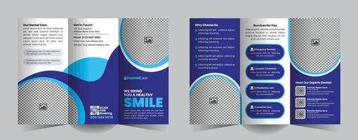 Customizable dental clinic tri-fold brochure template featuring services, expert profiles, and contact info. Perfect for attracting new patients with a modern, professional design. vector