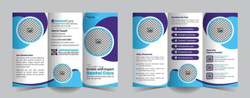 Dental clinic tri-fold brochure template featuring services, expert profiles, and contact info. Perfect for attracting new patients with a modern, professional design. vector