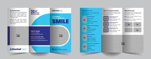 Modern, professional tri-fold brochure template for dental clinics, featuring services, expert profiles, contact info, and a sleek, customizable design to attract and inform potential patients. vector