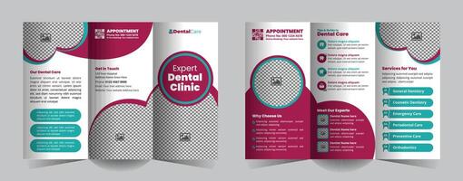 Professional tri-fold brochure template for dental clinics, featuring services, expert profiles, contact information, and a sleek, customizable design to attract and inform potential patients vector