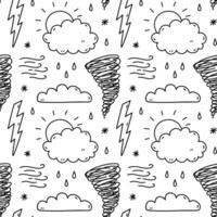 Cute seamless pattern with weather elements - sun, clouds, rain, wind, tornado, lightning. hand-drawn doodle illustration. Perfect for print, wallpaper, decorations. vector