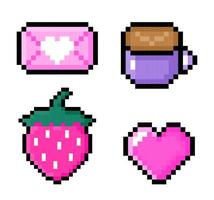 Cute set of pixel icons - heart, strawberry, cup of coffee, mail isolated on a white background. illustration in 8-bit retro style. Perfect for stickers, logo, various designs. vector