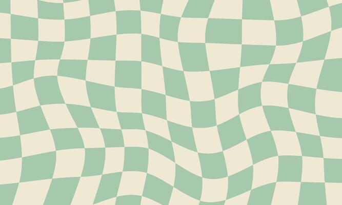 Abstract retro background with wavy checkerboard in warm vintage green tones. Psychedelic groovy design inspired by 70s aesthetics, perfect for posters, print, banners, social media graphics.