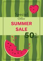 Flyer with triangular piece of watermelon on watermelon rind background. Template design for flyer, banner, poster, poster, advertisement for grocery store, marketplace, online store, website. vector