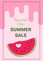 Flyer with a juicy slice of watermelon. Sales Concept. Template design for flyer, banner, poster, poster, advertisement for grocery store, marketplace, online store, website. vector