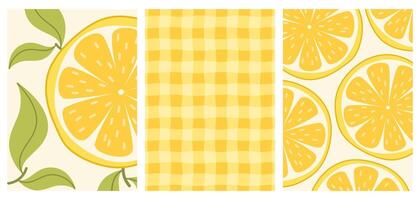 Set of postcards with lemon slices, lemon slices. Yellow gingham pattern. Design for postcards, posters, flyers. vector