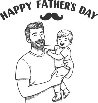 Happy Father Holding Smiling Toddler in Hand-Drawn Line Art Style for Father's Day Celebration and Family Design Projects