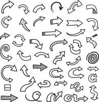 Hand drawn arrow set featuring curved, straight, dotted, and swirled arrows design, graphic for creative projects, presentations, infographics, direction indicators, and decorative layout elements vector