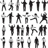 Silhouette of Diverse People in Motion Featuring Men and Women Walking Jumping Dancing and Posing in Business and Casual Outfits Isolated Black Human Figures in Various Group and Individual Poses vector