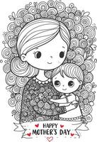 Hand-drawn Mother's Day Illustration Featuring a Cute Mom and Child Hugging with Floral Background and Heart Accents in Doodle Style vector