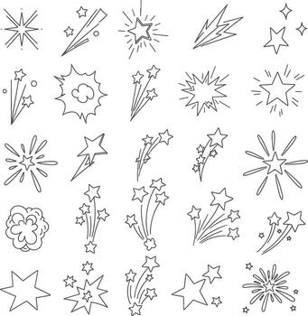 conjunto de bosquejo estilo espumoso Starburst y explosión íconos en formato con fuegos artificiales, destello efectos, cómic estalla, y relámpago para decorativo y festivo diseños vector