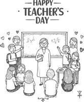 Happy Teachers Day black and white sketch showing a teacher giving a speech at a podium in front of seated students with educational symbols like a book apple graduation vector