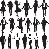 Black Silhouette Set of Diverse People in Dynamic Poses Including Walking Jumping Dancing and Business Figures with Men and Women in Various Activities and Group Formations vector