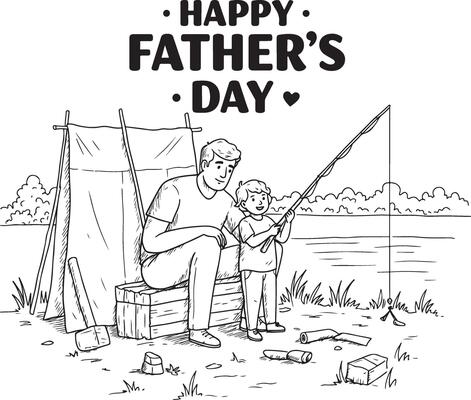 Father and Child Fishing Together at Lakeside in Hand-Drawn Vintage Line Art Style for Fathers Day Themes and Family Adventure Concepts