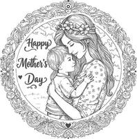 Vintage style of a mother lovingly hugging her child illustrated with ornate detailing and floral motifs ideal for nostalgic Mothers Day artwork vector