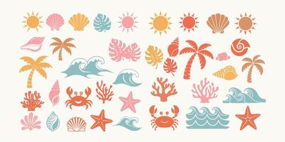 Hand Drawn Vintage Summer Beach Icon Set with Palm Trees, Waves, Crabs, Shells, Sun, Coral, and Tropical Elements in Retro Boho Style vector