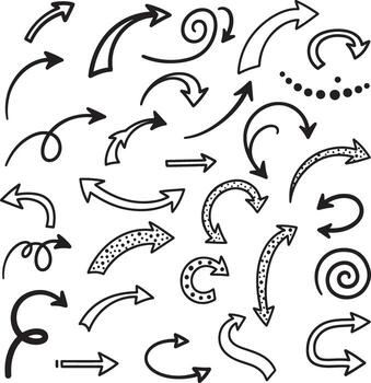 Set of artistic sketch arrows including loops, curls, turns, and decorative elements for visual storytelling, creative diagrams, and digital projects vector