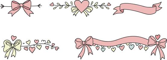 Romantic Hand Drawn Frames with Bows, Ribbons, and Hearts Decorative Coquette Borders in Soft Pastel Colors for Valentines Day, Scrapbooking, and Elegant Stationery Design vector