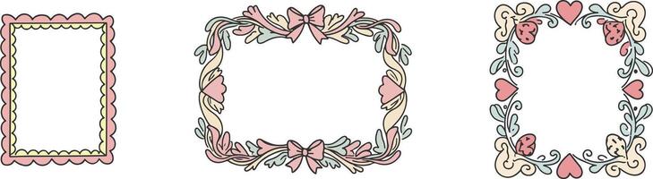 Whimsical Coquette Style Decorative Borders Hand Drawn Frames Featuring Hearts, Bows, and Ribbons for Feminine, Romantic, and Vintage-Themed Designs vector