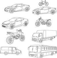 CAD Line Art of Vehicles - Side, Front, and Top Views of Bike, Bicycle, EV Car, and Motorcycle for Technical and Automotive Visuals, with Precision Detailing vector