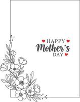 Minimal Vertical Floral Frame Happy Mothers Day Poster with Simple Hand-Drawn Botanical Elements and Red Hearts vector